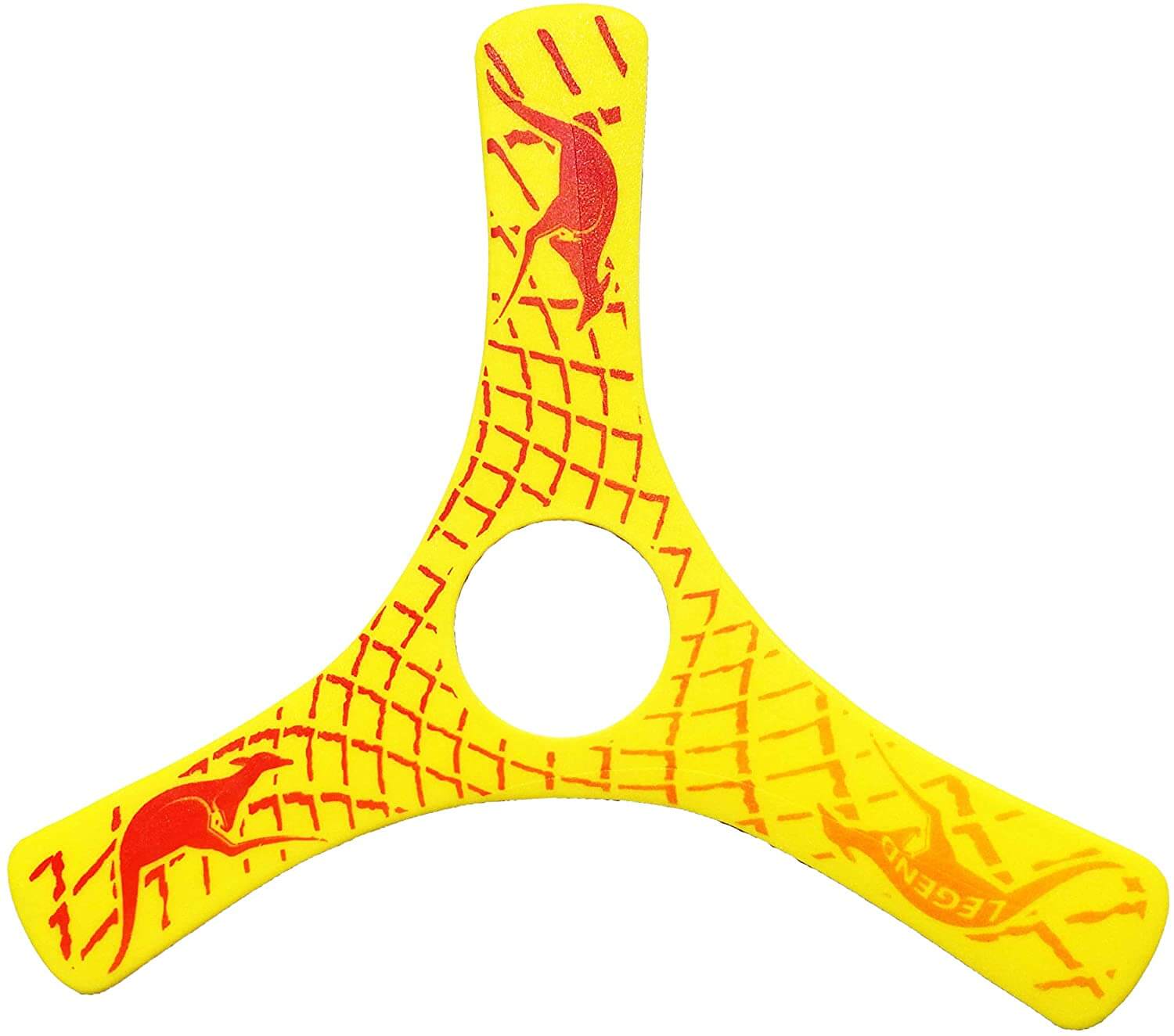 Yellow plastic Kids Boomerang Spin Racer featuring animal art design, ideal for outdoor play in light winds.