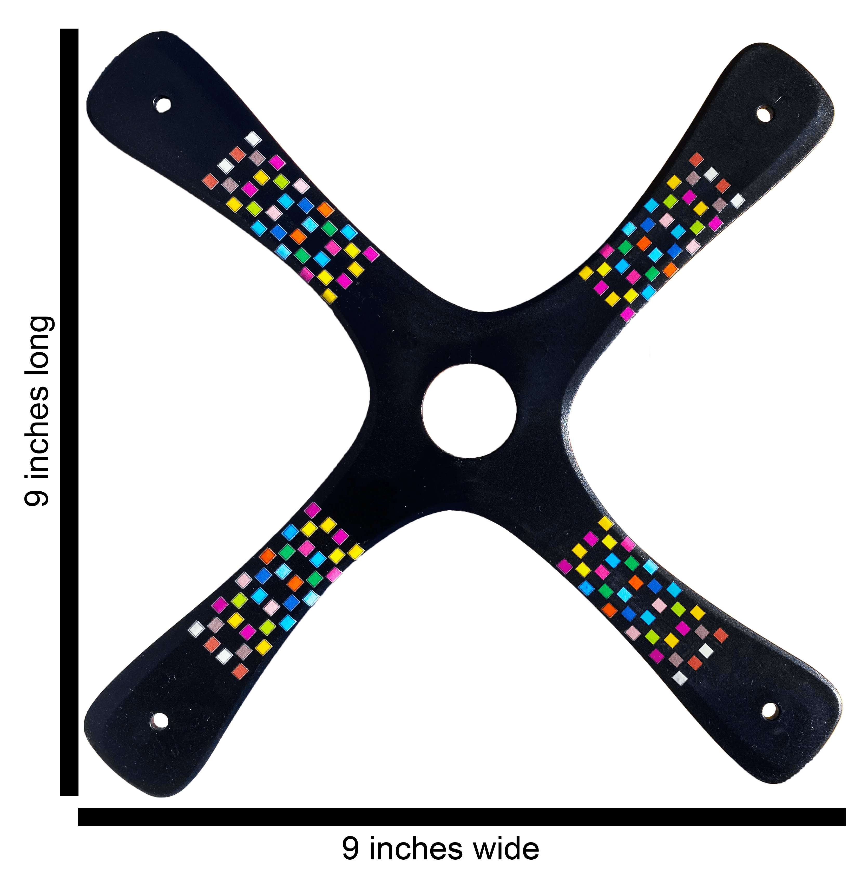 Black Barcelona Competition Boomerang, 9 inches long and wide, featuring colorful geometric patterns for better grip.