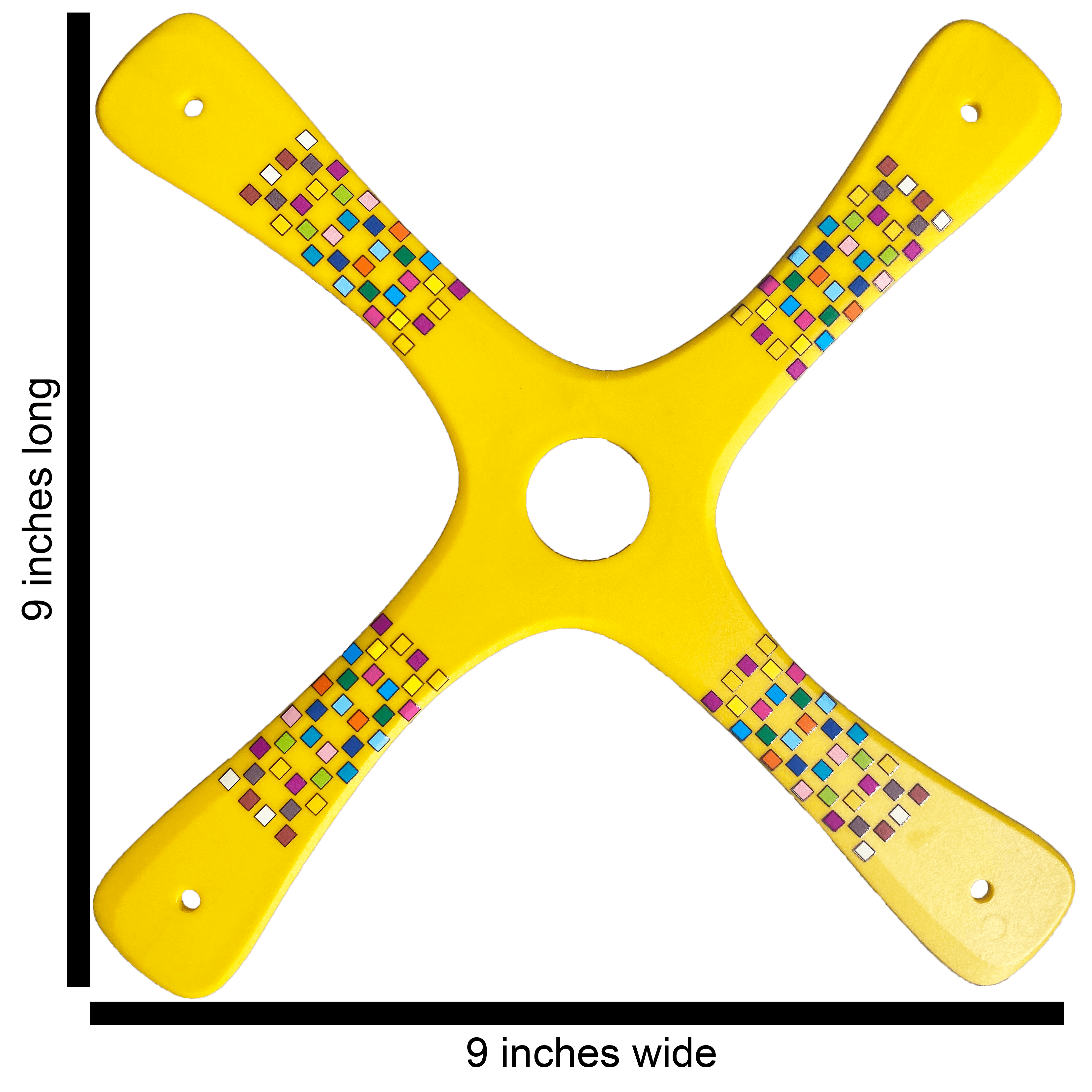 Yellow Barcelona boomerang for competition, designed by Manu Schuetz, with measurement details.