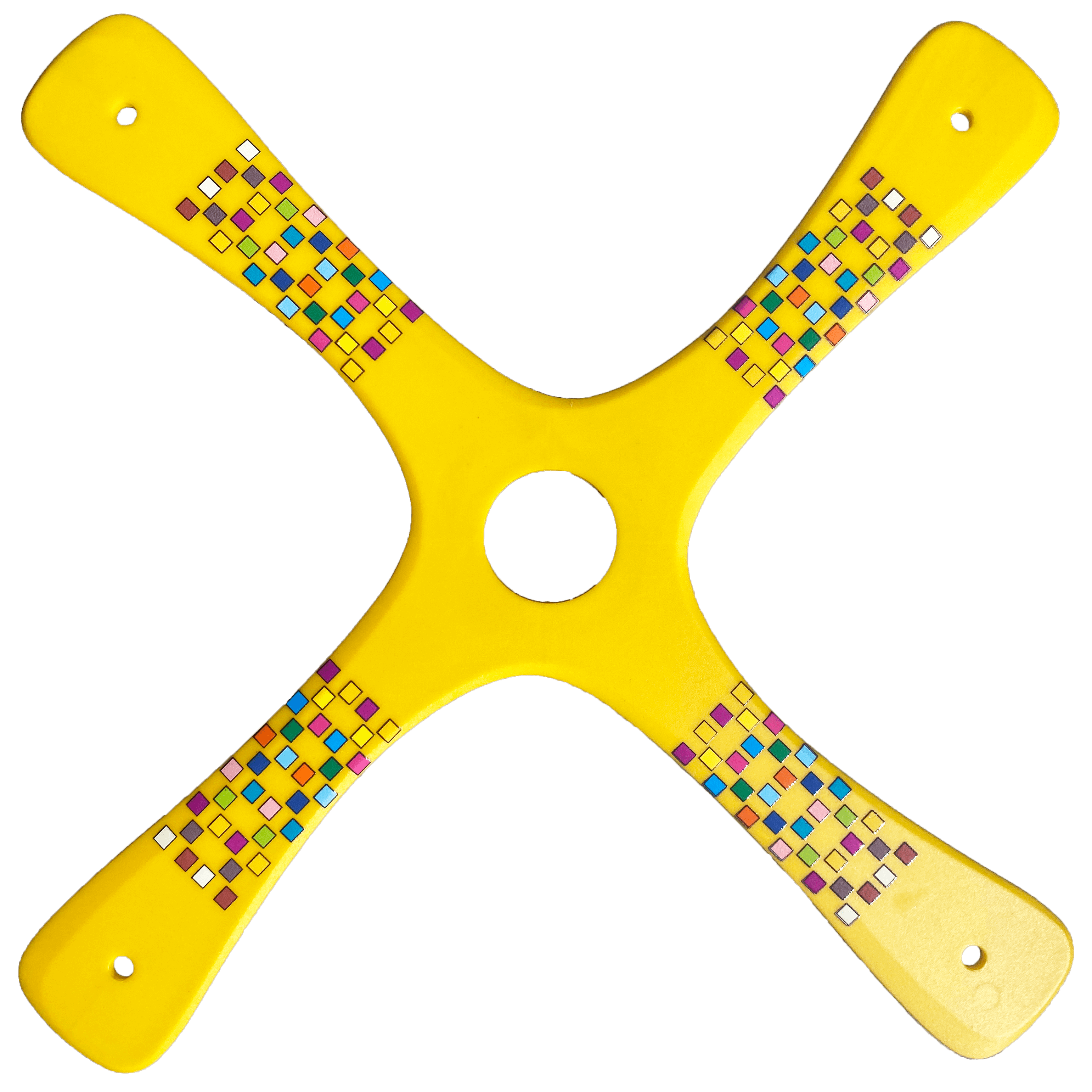 Yellow competition boomerang by Manu Schuetz, designed for right-handed throwers and beginning competitors.