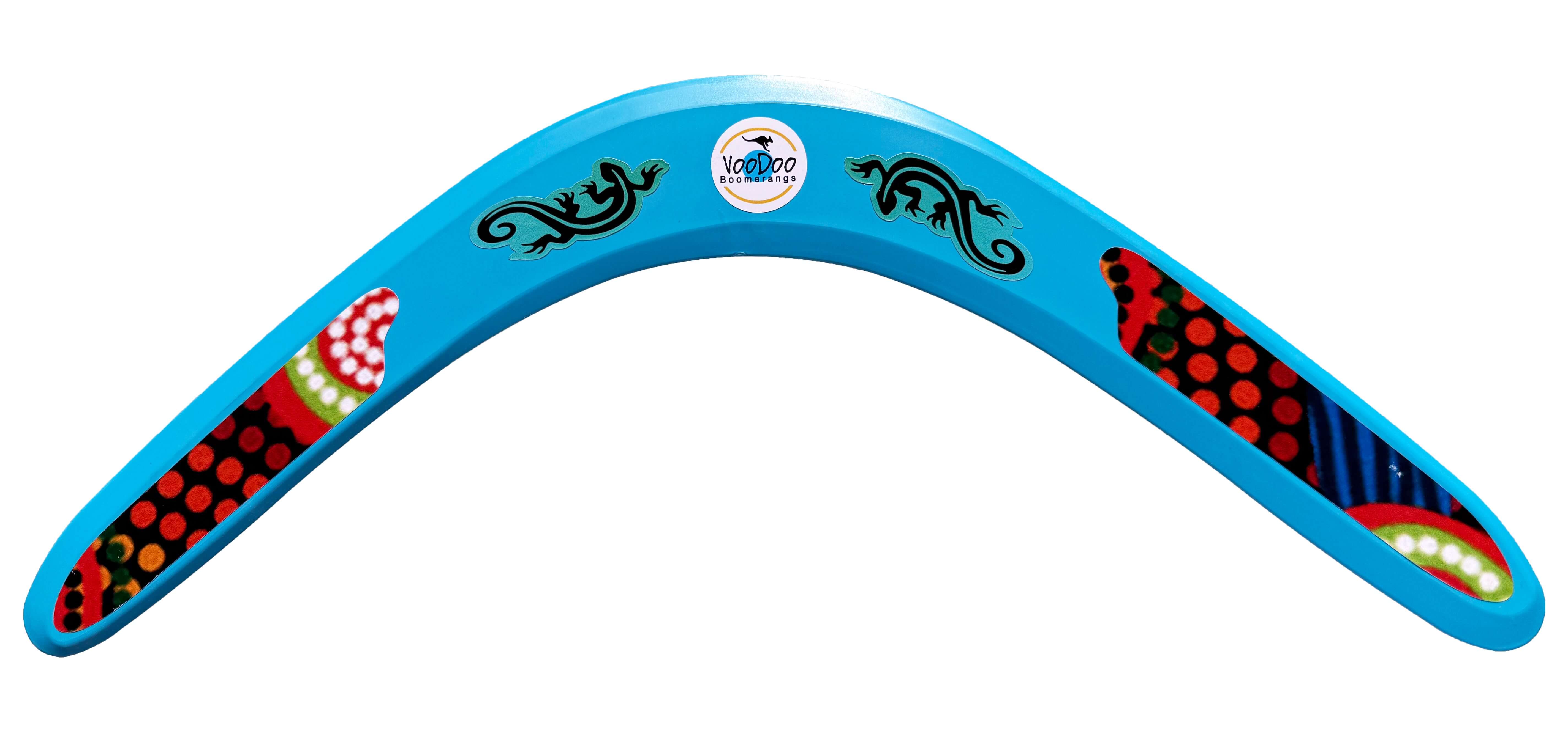 Colorful plastic Aboriginal boomerang from Voodoo, designed for beginners with a wide flight path.