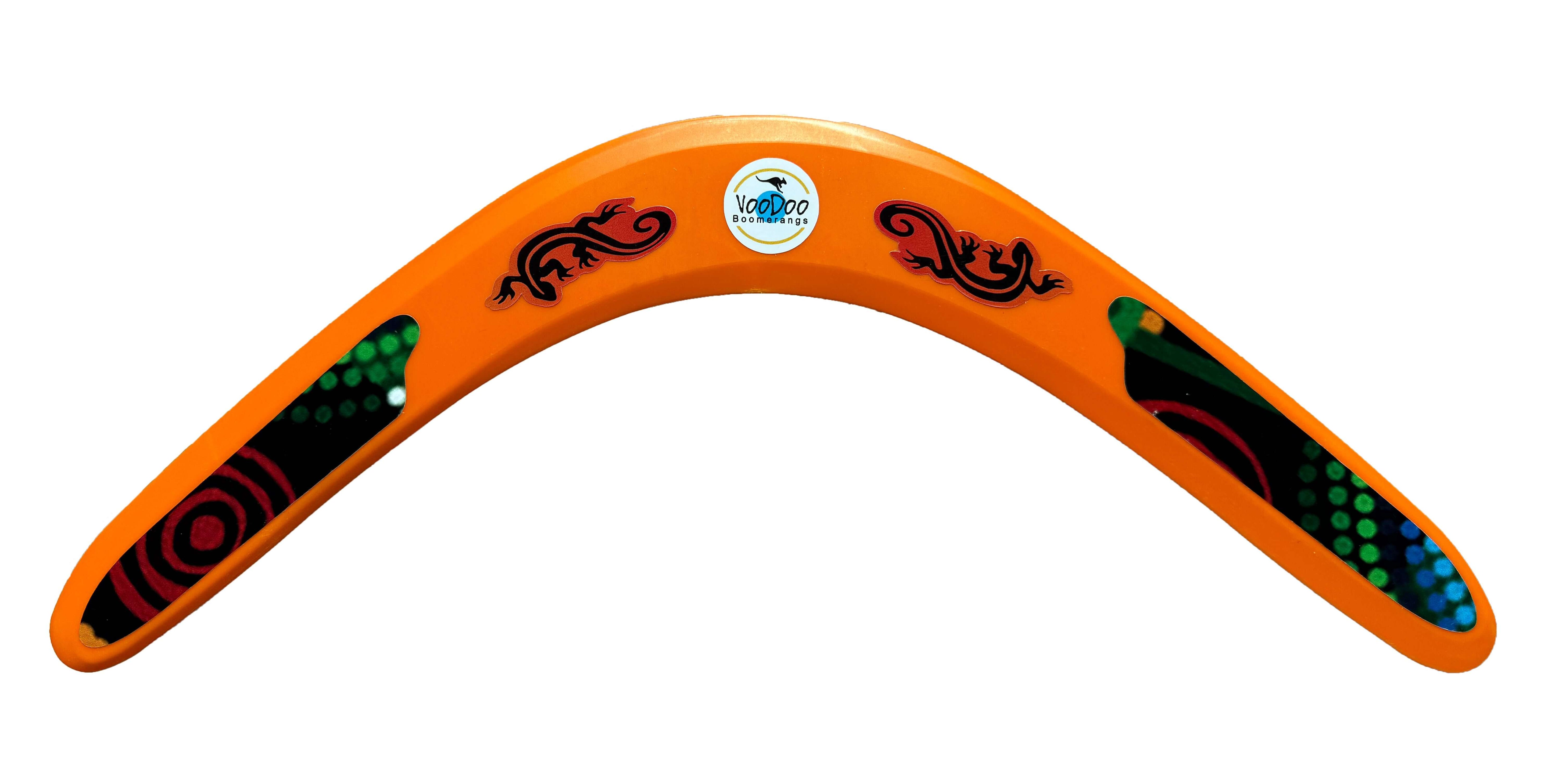 Colorful plastic Aboriginal boomerang designed for beginners, featuring unique patterns and a custom airfoil for smooth flight.