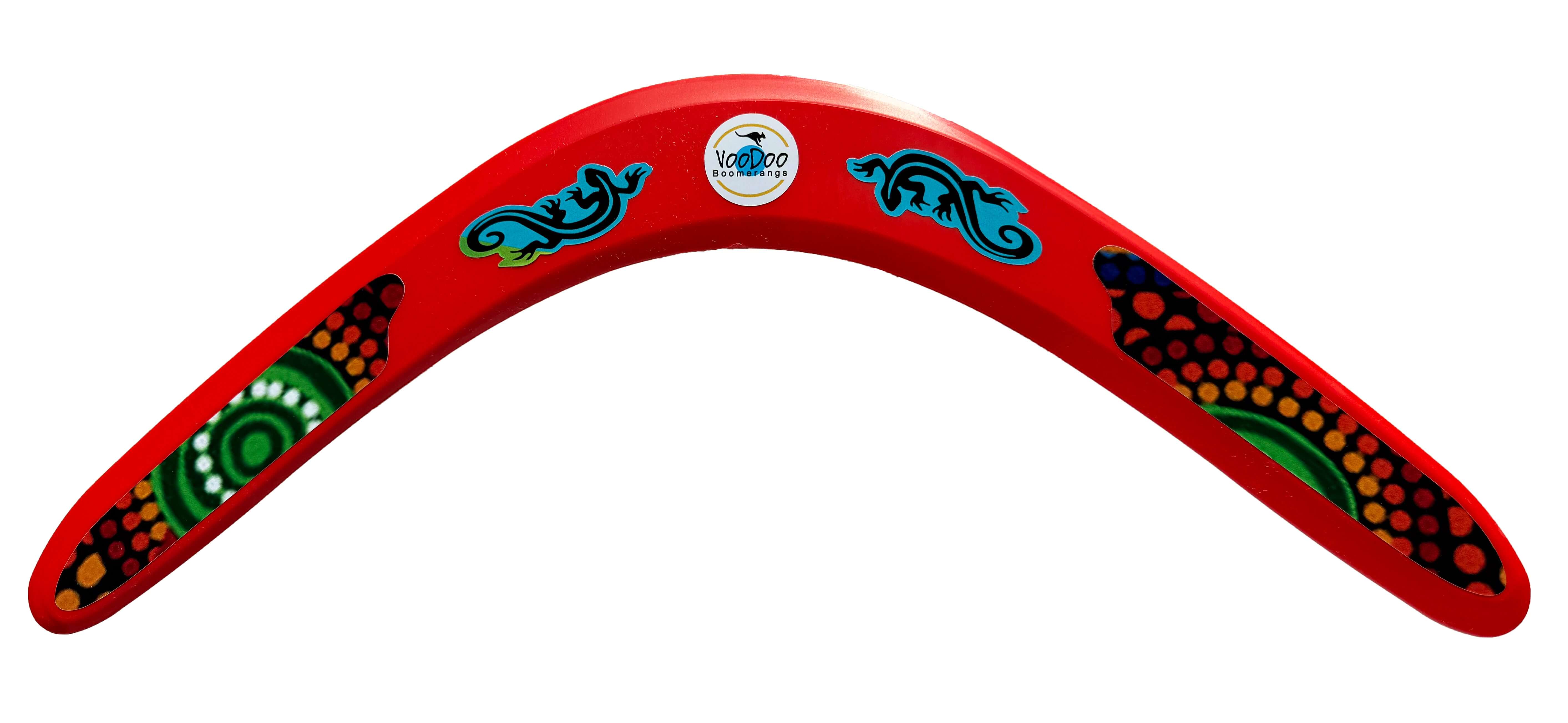 Colorful plastic Voodoo Aboriginal boomerang with decorative patterns, Red design for beginner throwers.