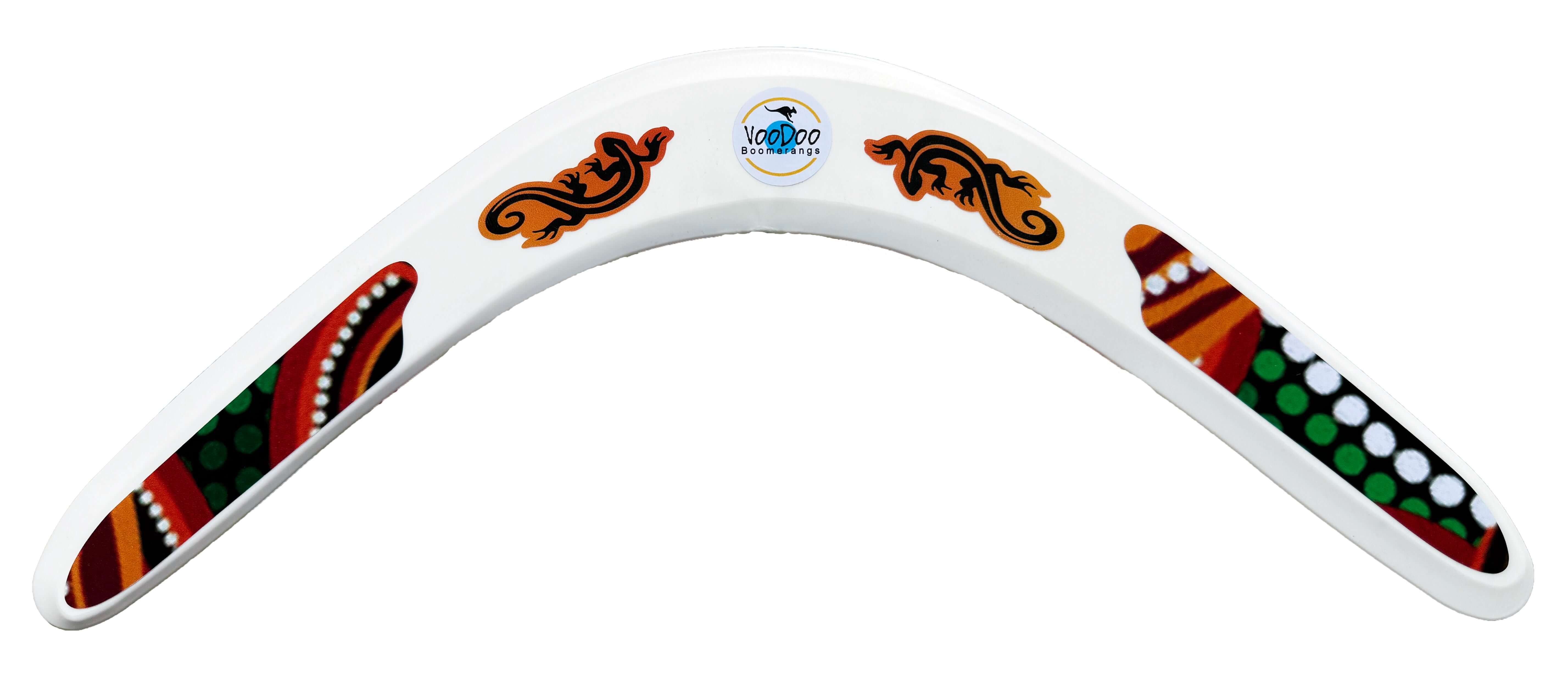 Decorative plastic Aboriginal boomerang by Voodoo, designed for beginners, showcasing vibrant patterns and optimal airfoil shape.