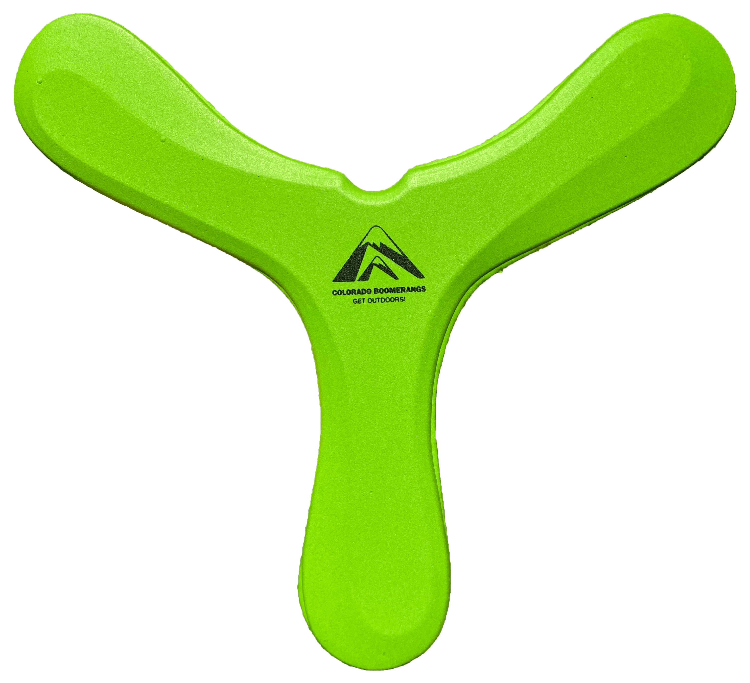 Bright green foam boomerang designed for kids, safe for indoor and outdoor play, featuring a lightweight design.