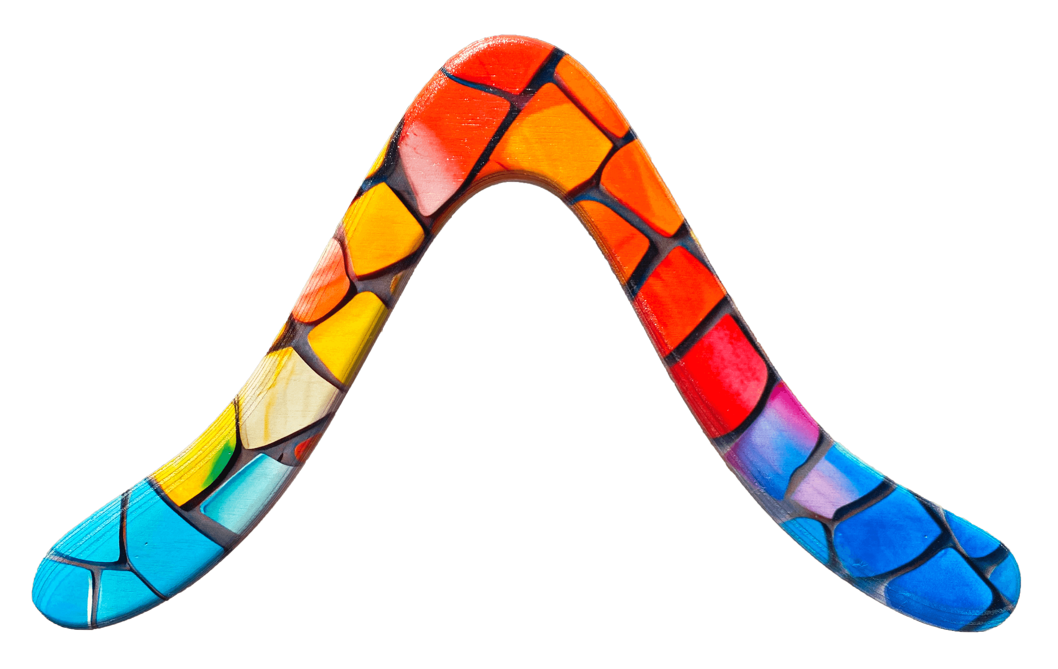 Nika wooden boomerang with textured art design, perfect for young teens aged 13 and up, flying up to 35 yards.