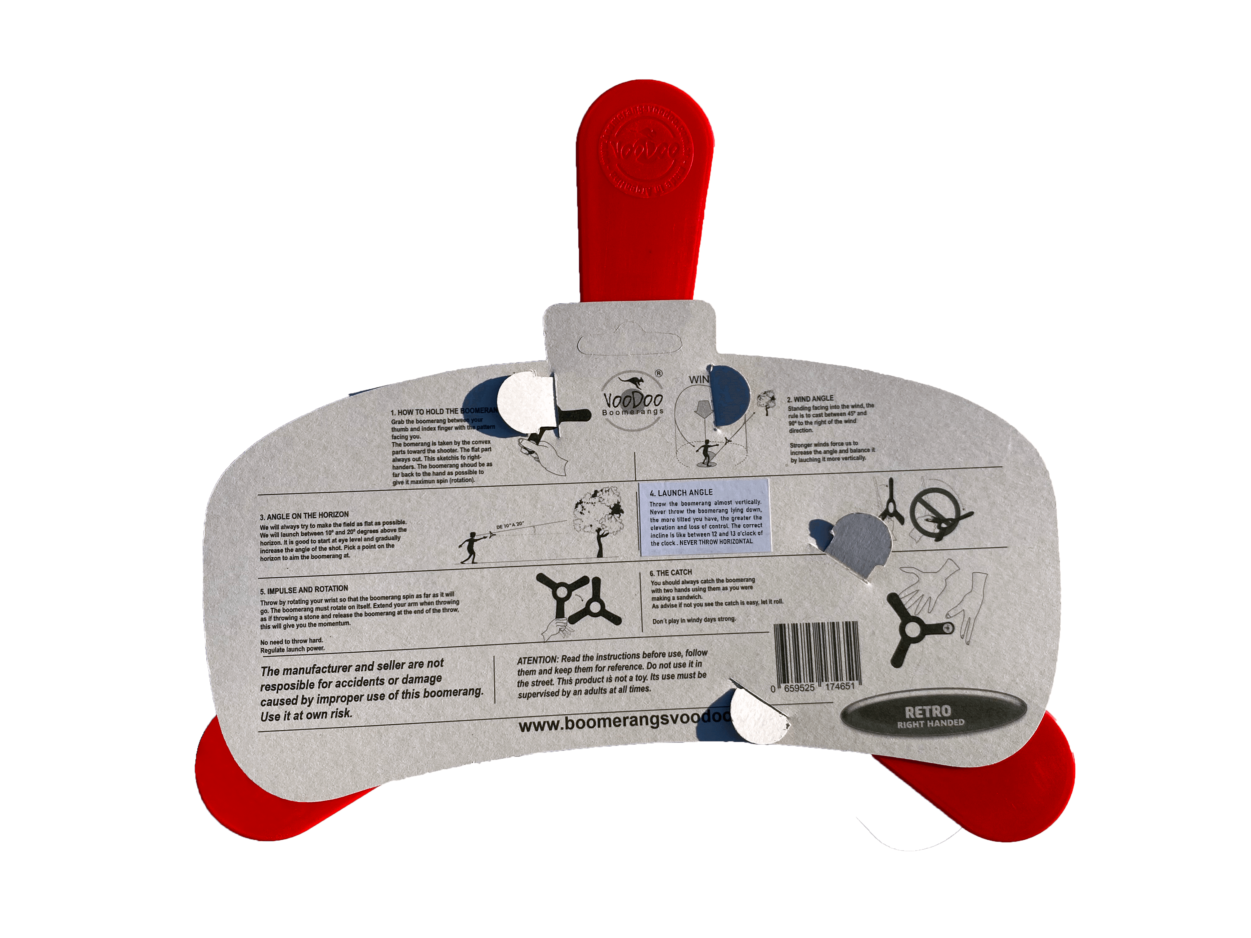 Back view of a Fun Boomerang showing instructions and safety info for kids and teens.