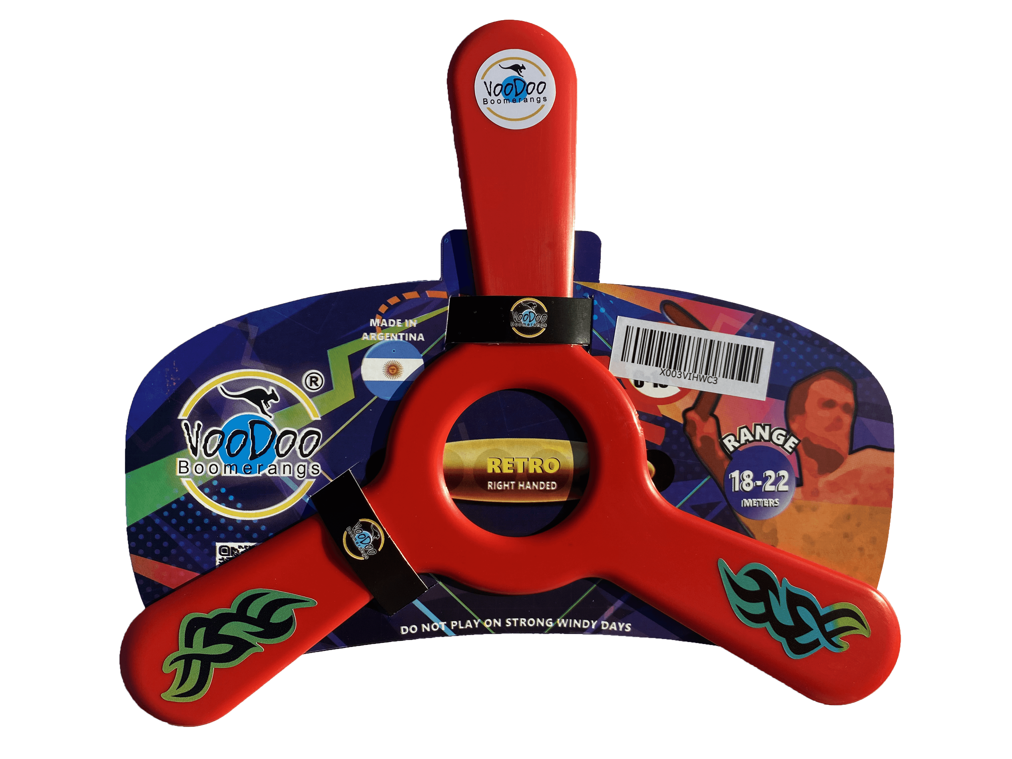 Red retro boomerang for right-handed throwing, durable plastic, ideal gift for kids and teens.