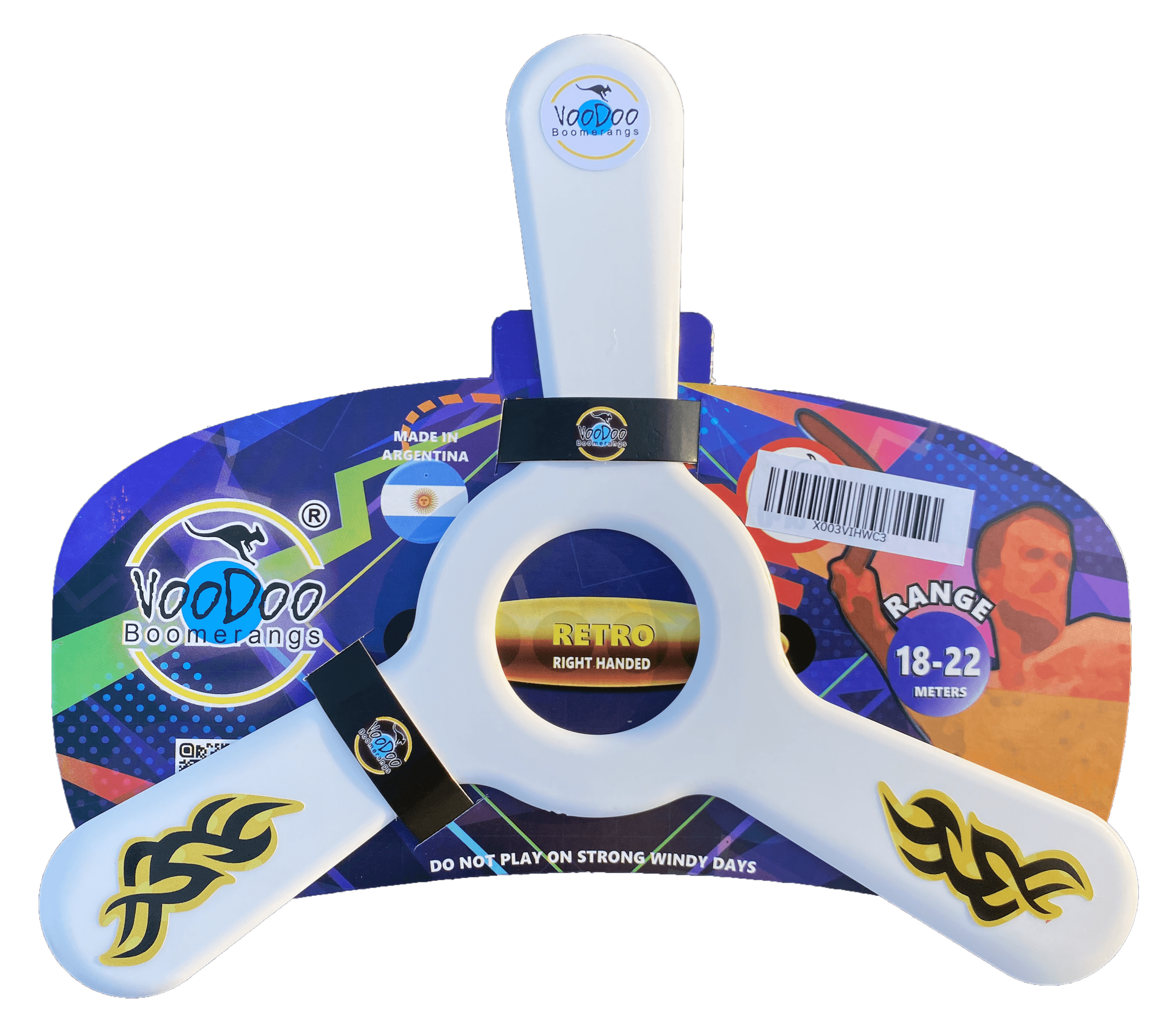 Fun retro boomerang designed for right-handed throwers, ideal for kids and teens, featuring a white design.